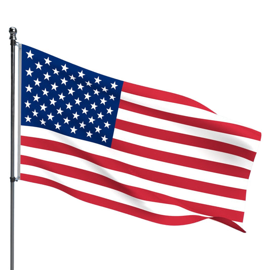Outdoor Polyester American flag waving against a blue sky with white clouds