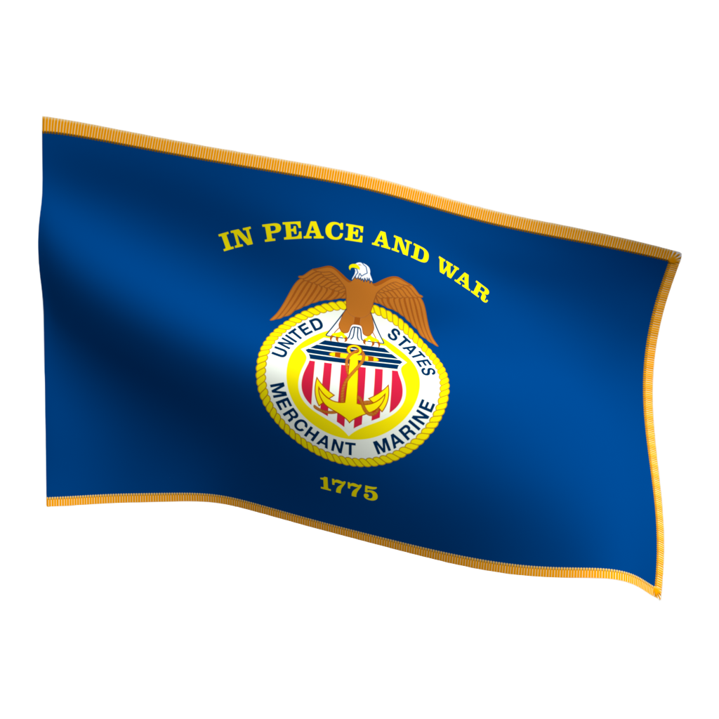 United States Merchant Marine flag with an eagle emblem on a wooden floor and white paneled wall background