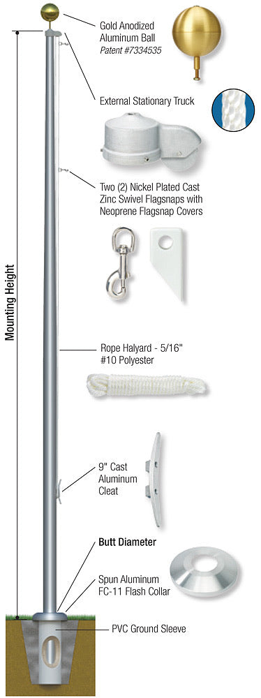 Estate Stationary Series Outdoor Flagpole -External Halyard
