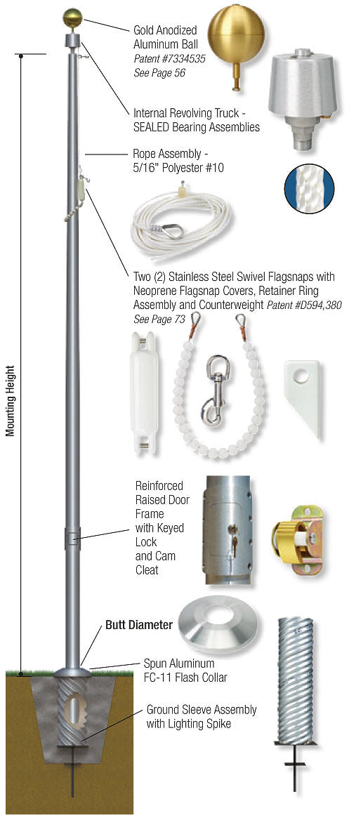 Sentry Internal Halyard Aluminum Flagpole