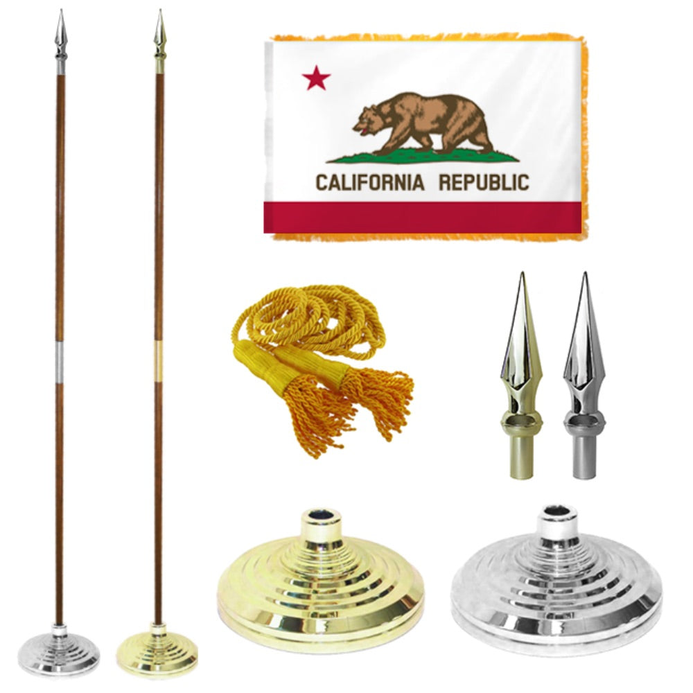 California Republic flag with flagpole, mounting hardware, and decorative elements
