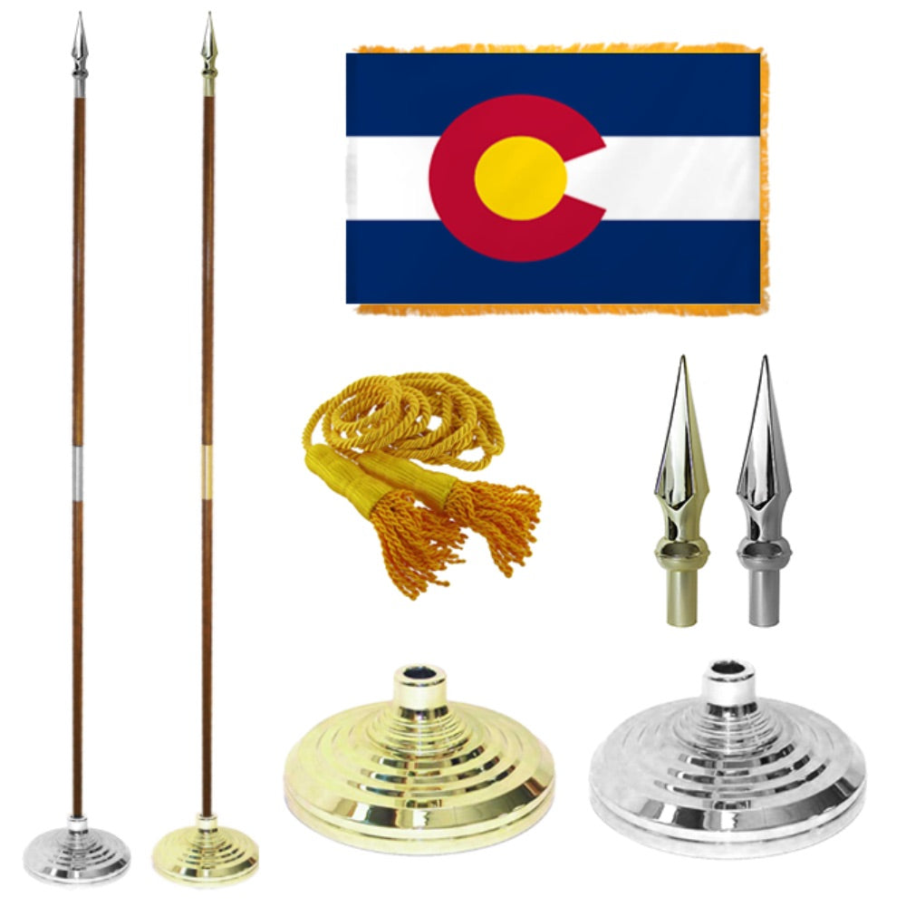 Colorado flag with flagpole, mounting hardware, and decorative elements on a white background