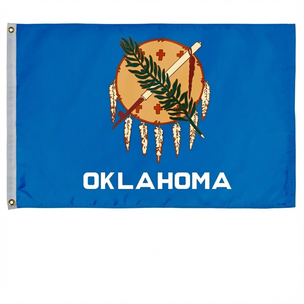 Flag of Oklahoma with a blue background and emblem featuring a shield, spear, and leaves.