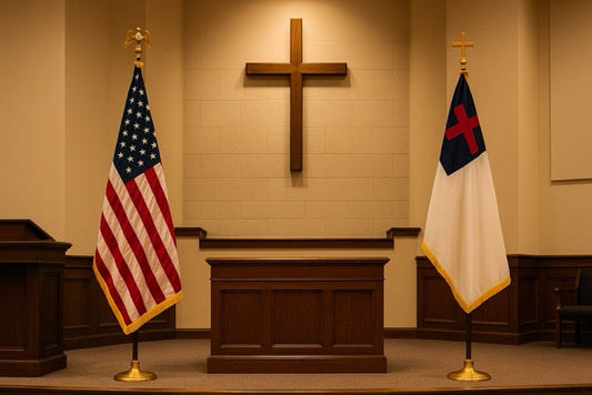 Indoor religious flags with cross finial and matching eagle ornament in a sanctuary