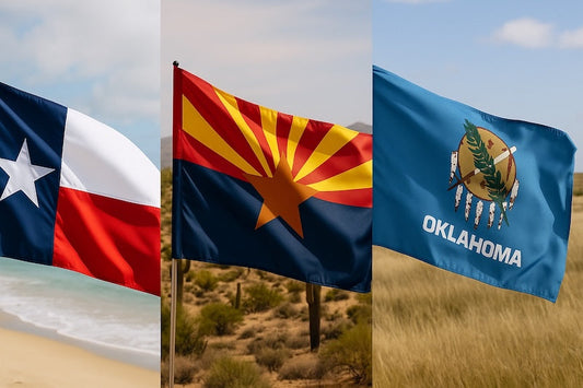 Three state flags flying in coastal, desert, and windy settings—Texas polyester at the beach, Arizona nylon in high UV desert, and Oklahoma polyester on the prairie—illustrating the best flag materials by climate.