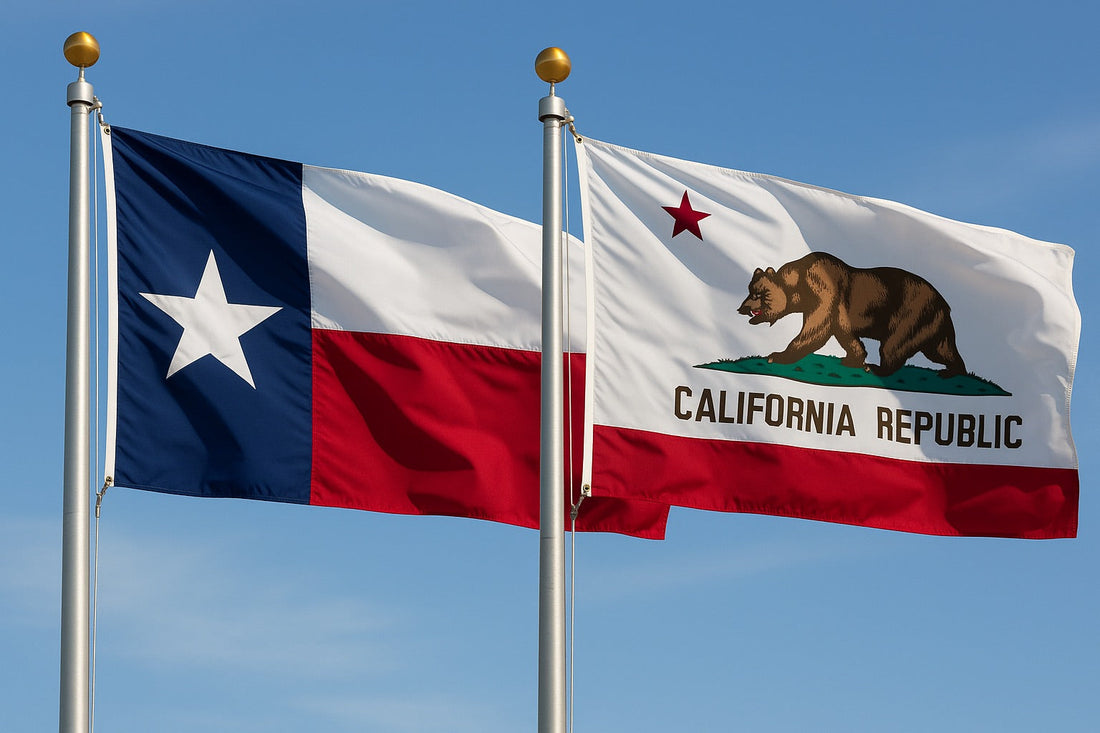  Texas and California state flags flying side by side on flagpoles against a clear blue sky
