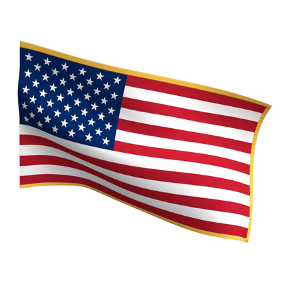 US nylon American flag with gold fringe and pole sleeve on indoor display