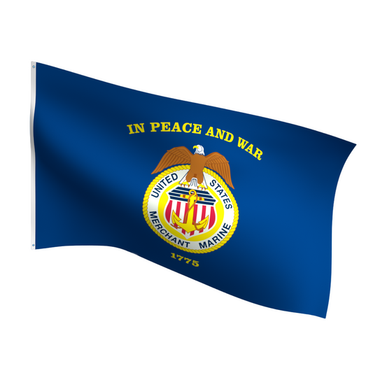 Flag with 'United States Merchant Marine' emblem and text 'In Peace and War' 