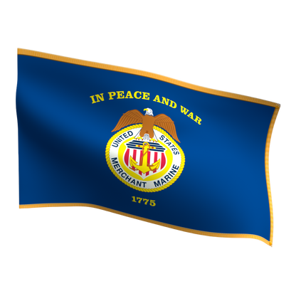 United States Merchant Marine flag with an eagle emblem on a wooden floor and white paneled wall background