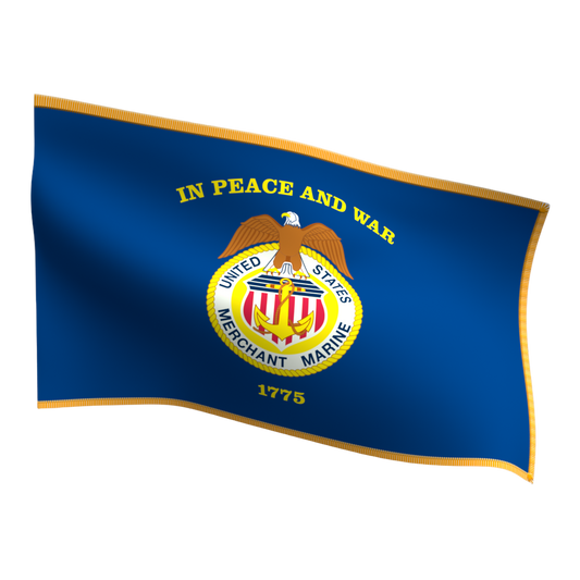 United States Merchant Marine flag with an eagle emblem on a wooden floor and white paneled wall background