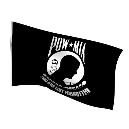 POW*MIA flag with silhouette and text against a blue sky