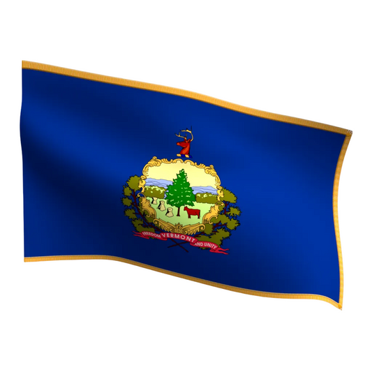 Flag of Vermont against a white paneled wall.