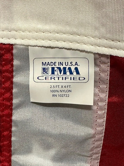 FMA certified flag with a label on nylon american flag
