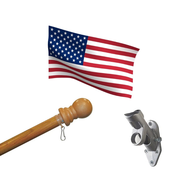 Made-in-USA nylon American flag on solid wood pole with 1-inch aluminum 2-way bracket, 45° or 90° mount