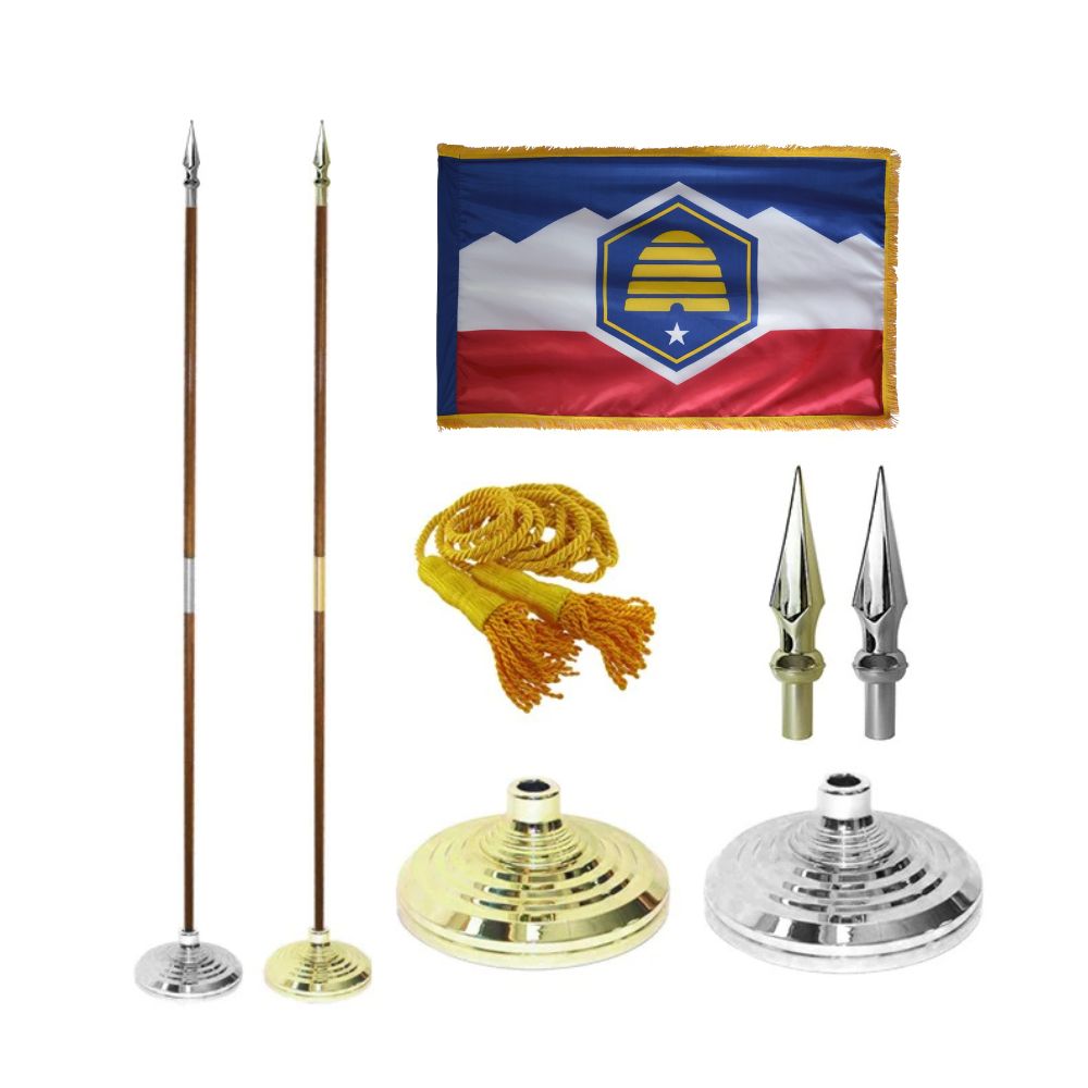 Utah Indoor State Flag with decorative elements including a flagpole, tassels, and finials on a white background