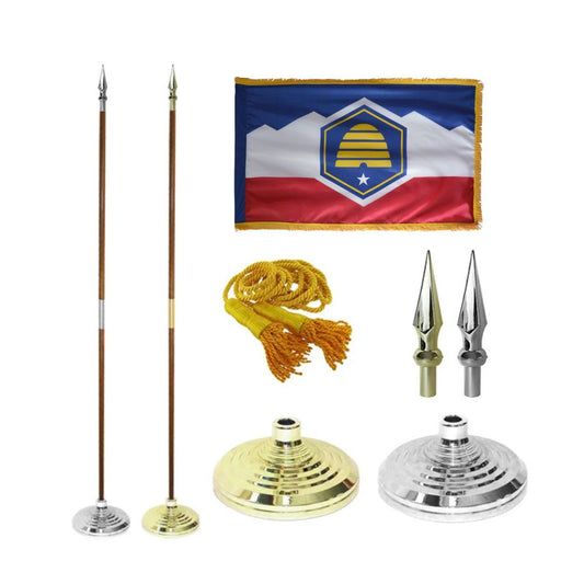 Utah Indoor State Flag with decorative elements including a flagpole, tassels, and finials on a white background