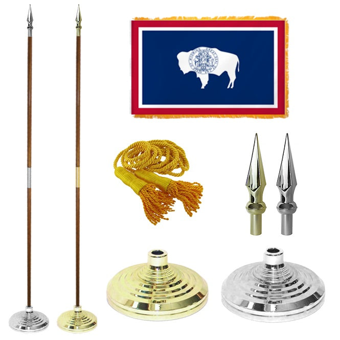 Flagpole, wyoming flag with a buffalo design, tassels, and flagpoles with different finishes on a white background.