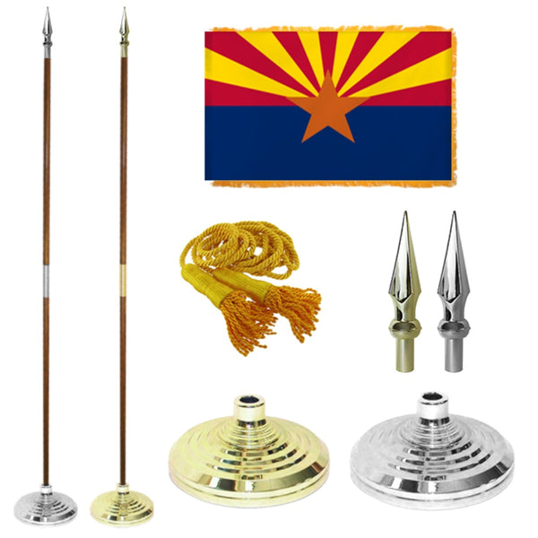 Arizona state flag with flagpole, mounting hardware, and decorative elements on a white background.