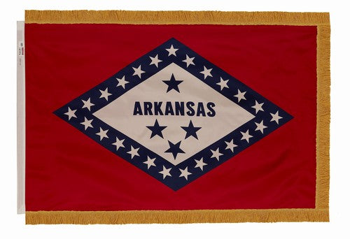 Indoor arkansas flag with a pole hem and gold fringe