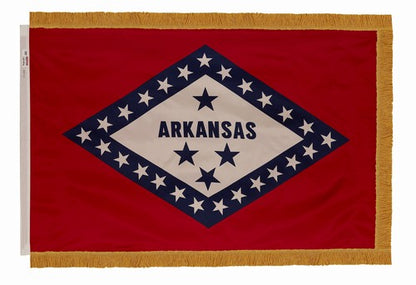 Indoor arkansas flag with a pole hem and gold fringe