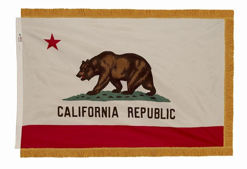 Indoor Califorina state flag with a pole hem and gold fringe