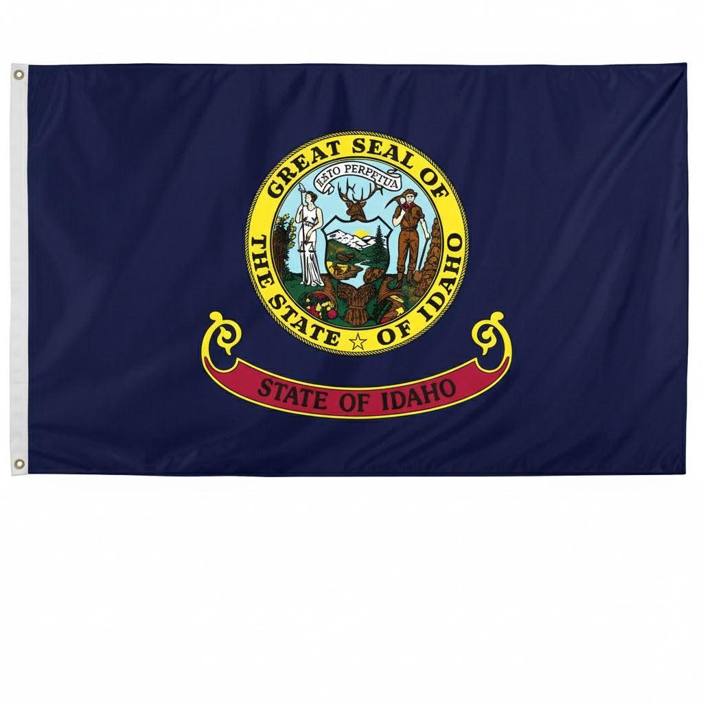 Flag with the Great Seal of the State of Idaho on a blue background