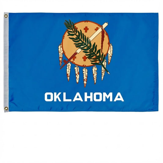 Flag of Oklahoma with a blue background and emblem featuring a shield, spear, and leaves.