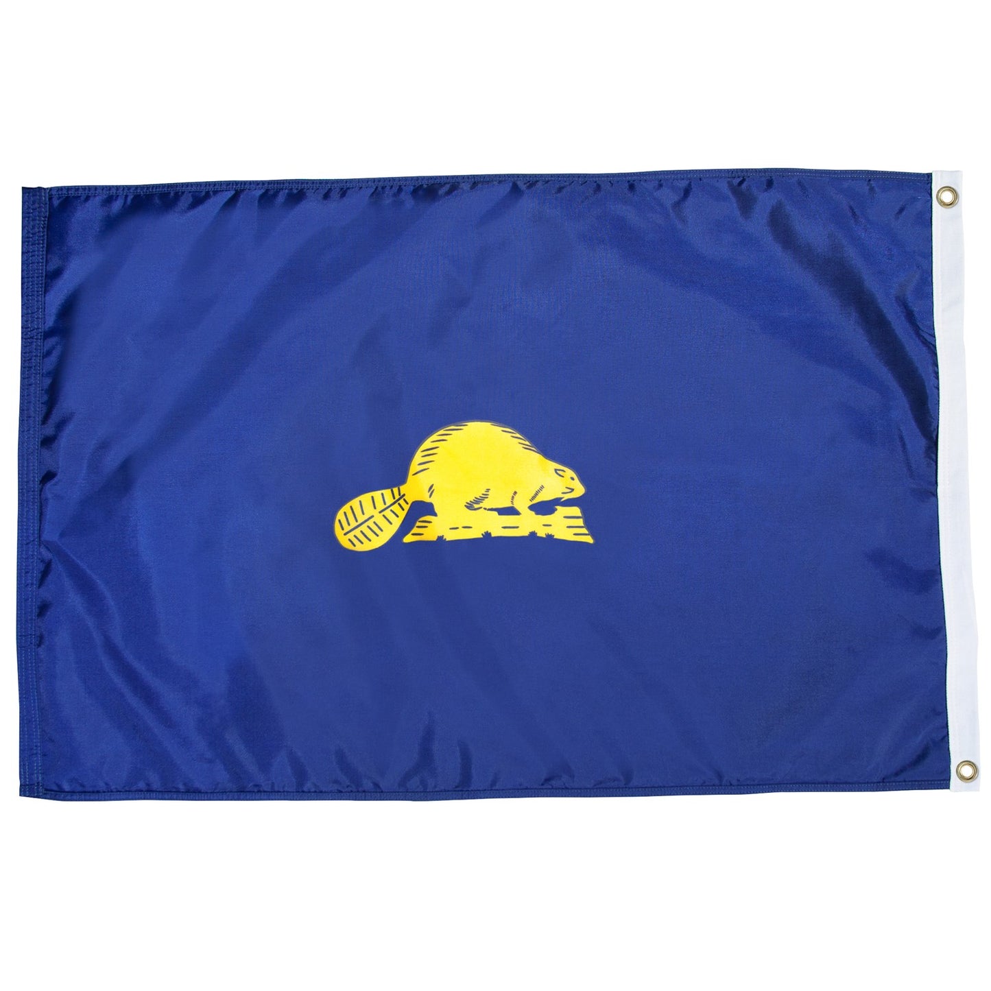Backside of a Durable outdoor polyester Oregon state flag featuring a beaver with reinforced stitching and brass grommets