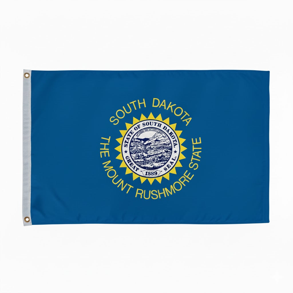 South Dakota state flag with blue background and yellow emblem featuring Mount Rushmore.