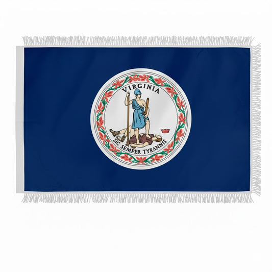 Flag of Virginia with a blue background and white emblem featuring a woman holding a sword and liberty cap.