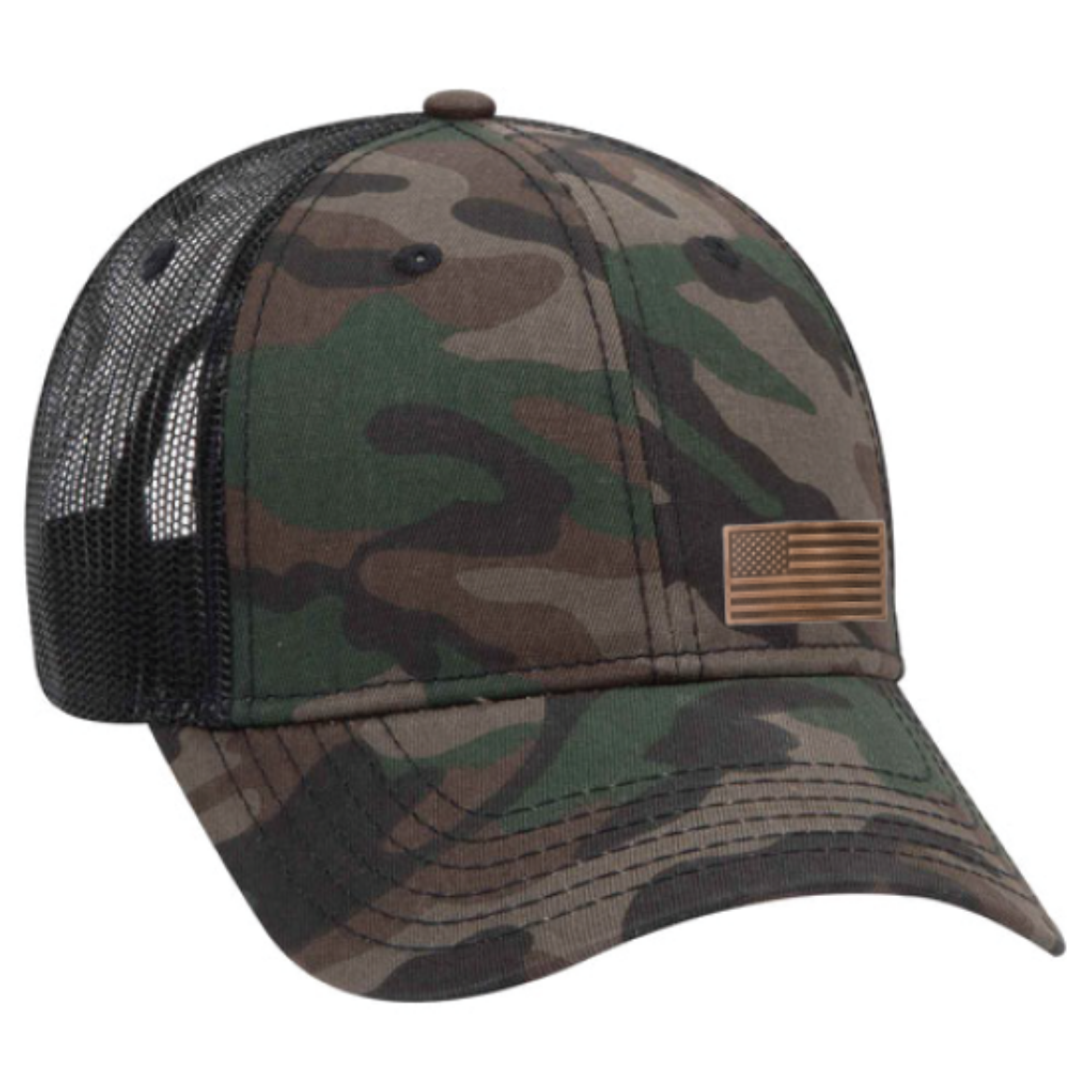 Picture of Camo/Black Mesh Hat w/ Leather Flag Patch